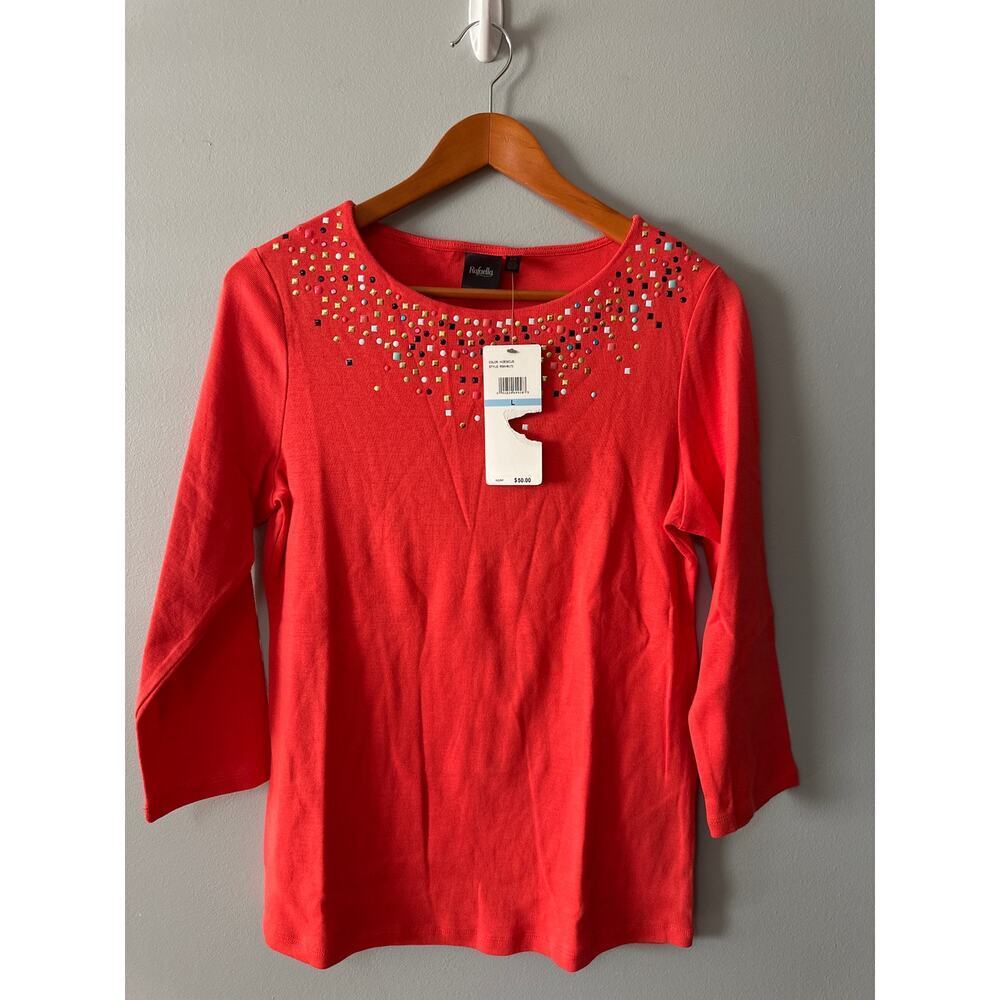 Rafaella Women Top Large Embellished Studded Neckline 3/4 Sleeve Cotton NWT